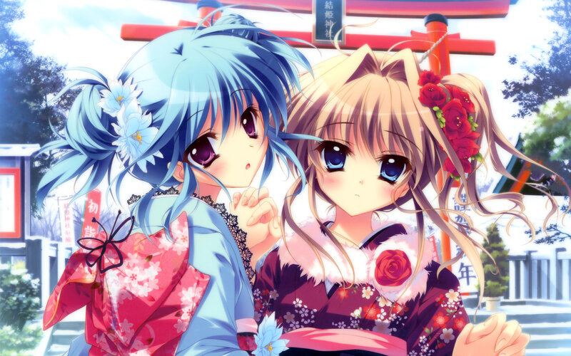 Two girls in kimonos at a shrine