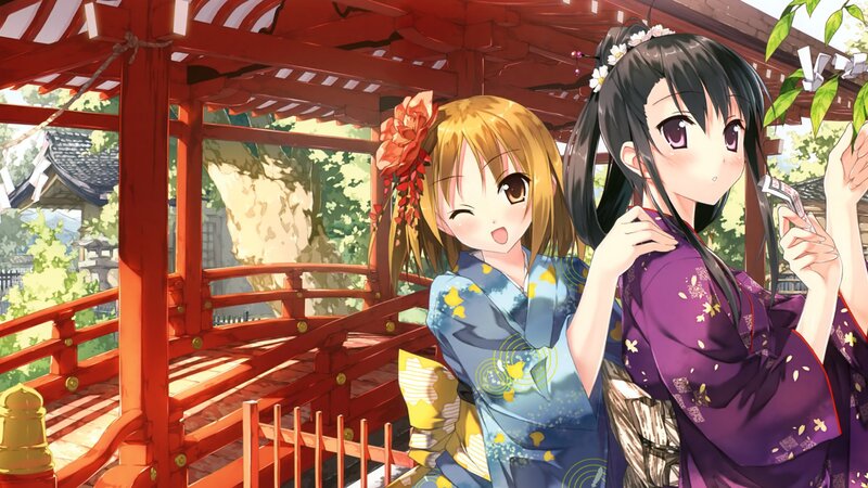 Two girls in kimonos at a shrine