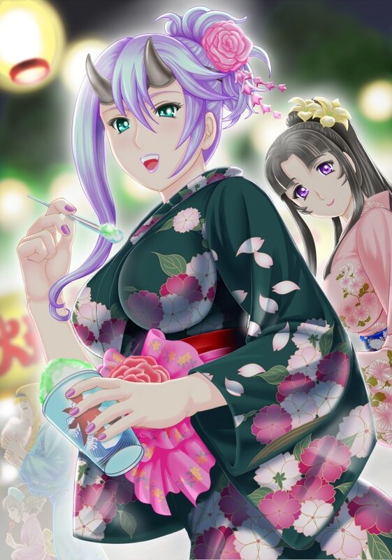 Two girls in kimonos at festival