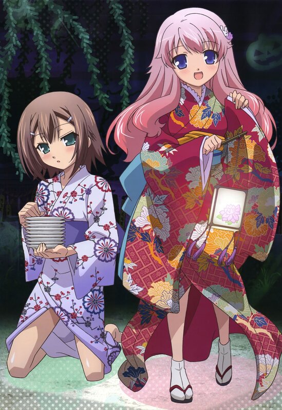 Two girls in kimonos at night
