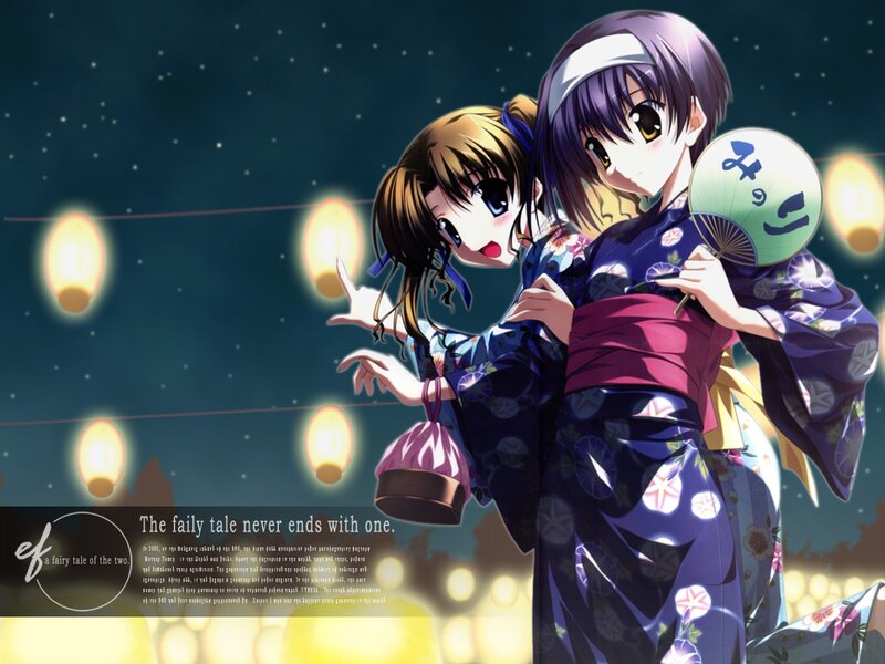 Two girls in kimonos at night