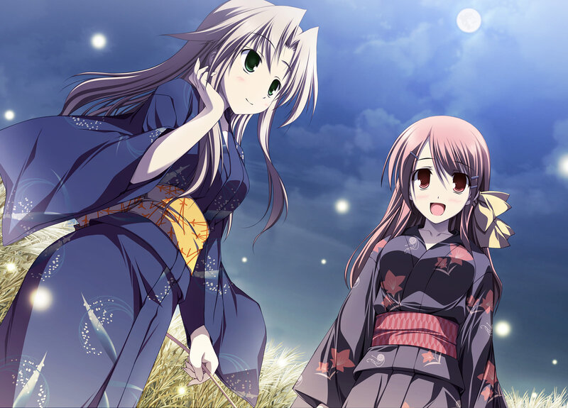 Two girls in kimonos at night