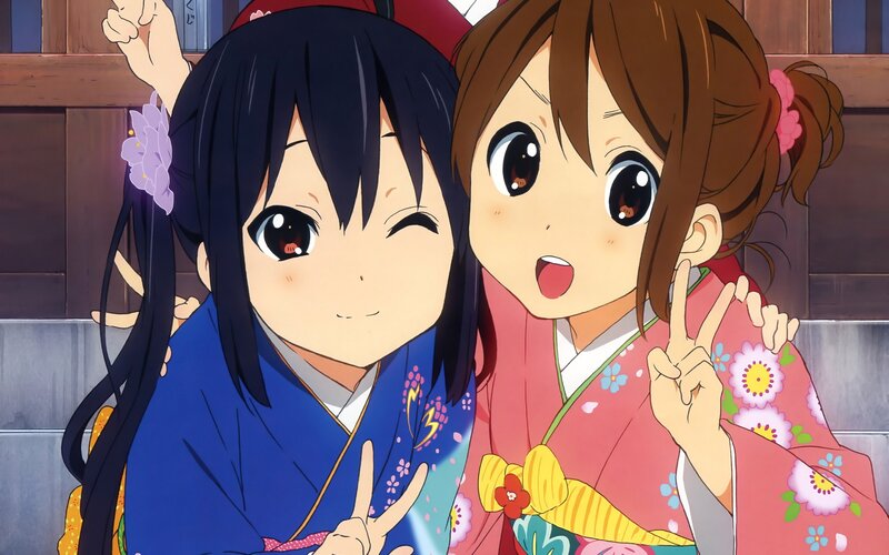 Two Girls in Kimonos — Blue, Cheerful, Anime, Kimono
