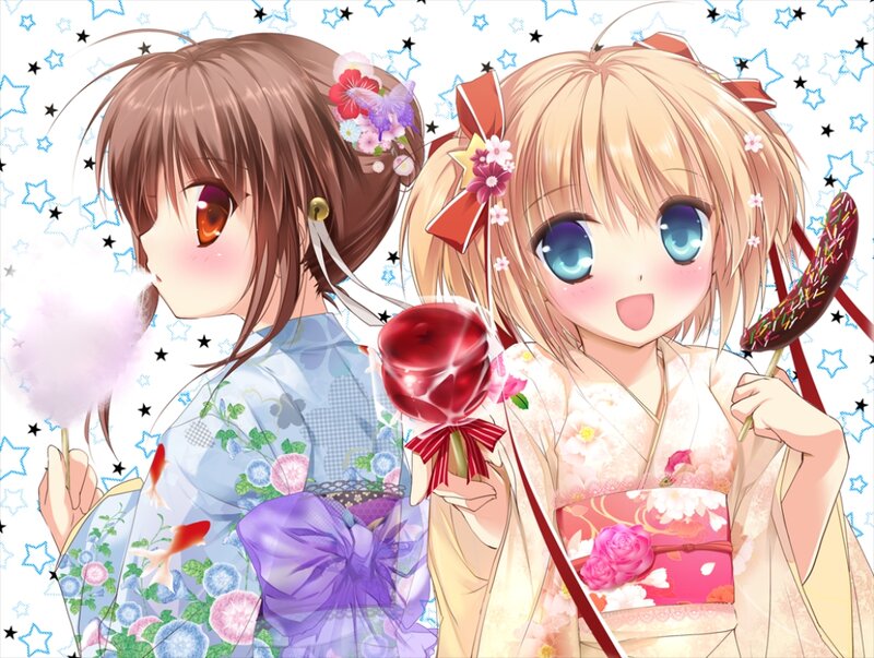 Two Girls in Kimonos — Blue, Cheerful, Anime