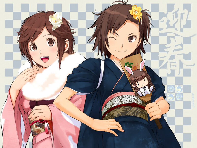 Two Girls in Kimonos — Blue, Cheerful