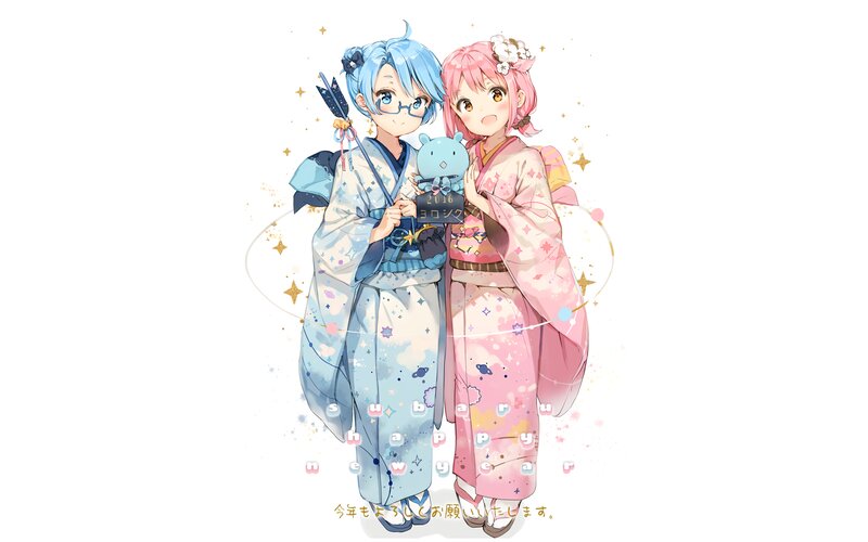 Two Girls in Kimonos — Blue, Festive, Anime