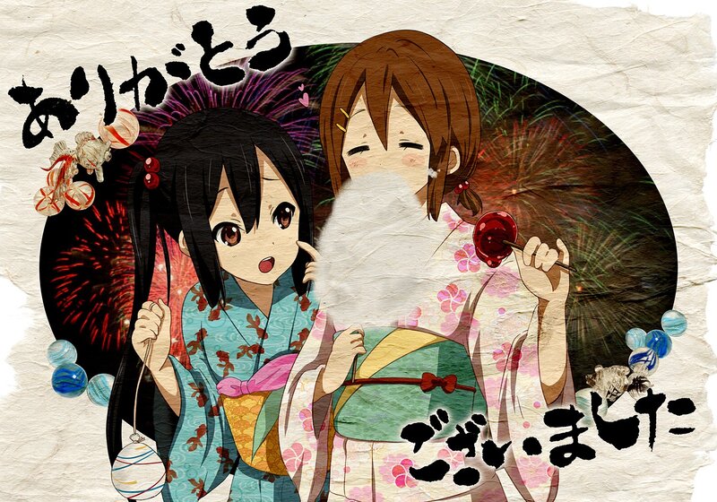 Two Girls in Kimonos — Blue, Festive, Night, Anime, Fireworks, Cotton Candy