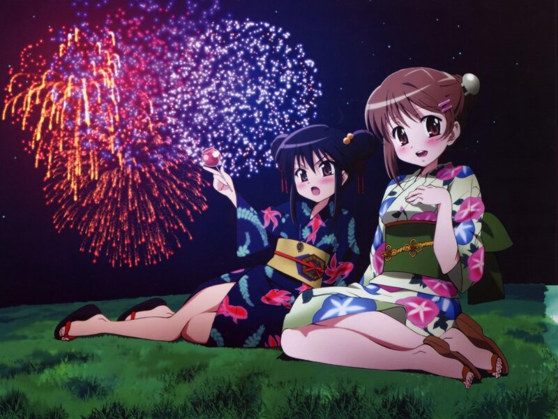 Two Girls in Kimonos — Blue, Festive, Night