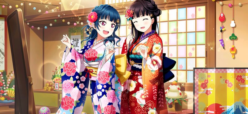 Two Girls in Kimonos — Blue, Festive, Winter, Anime, Kimono