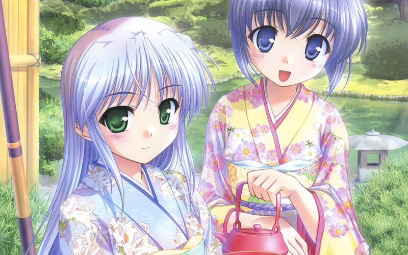 Two Girls in Kimonos — Blue, Serene, Afternoon, Anime