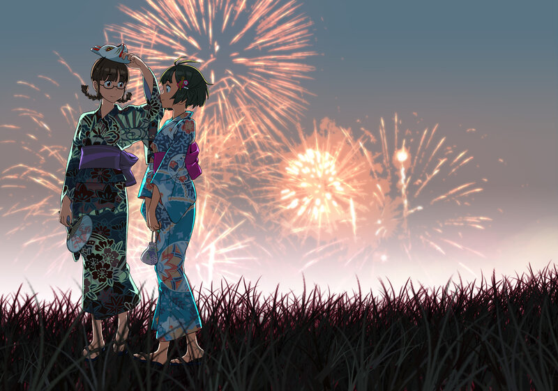 Two Girls in Kimonos — Blue, Serene, Night