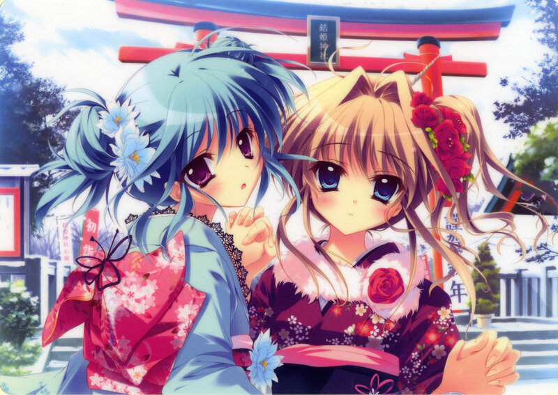 Two Girls in Kimonos — Blue, Serene, Spring