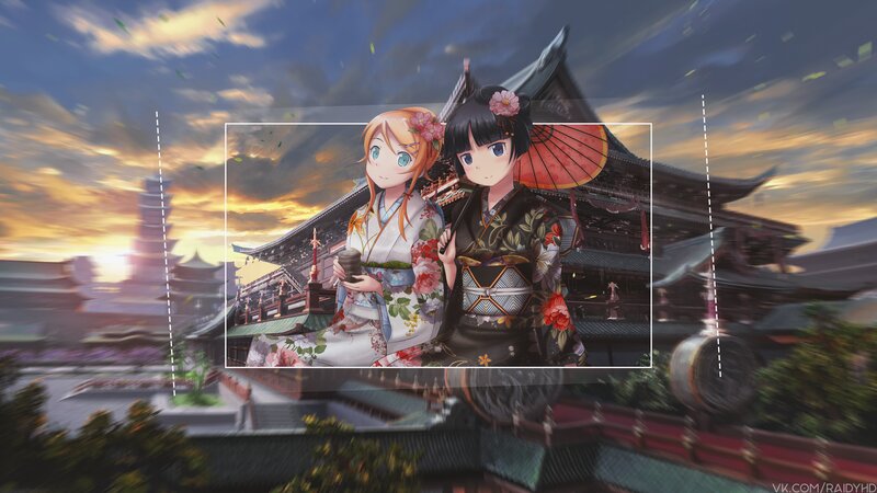 Two Girls in Kimonos — Blue, Serene, Sunset, Anime, Kimono