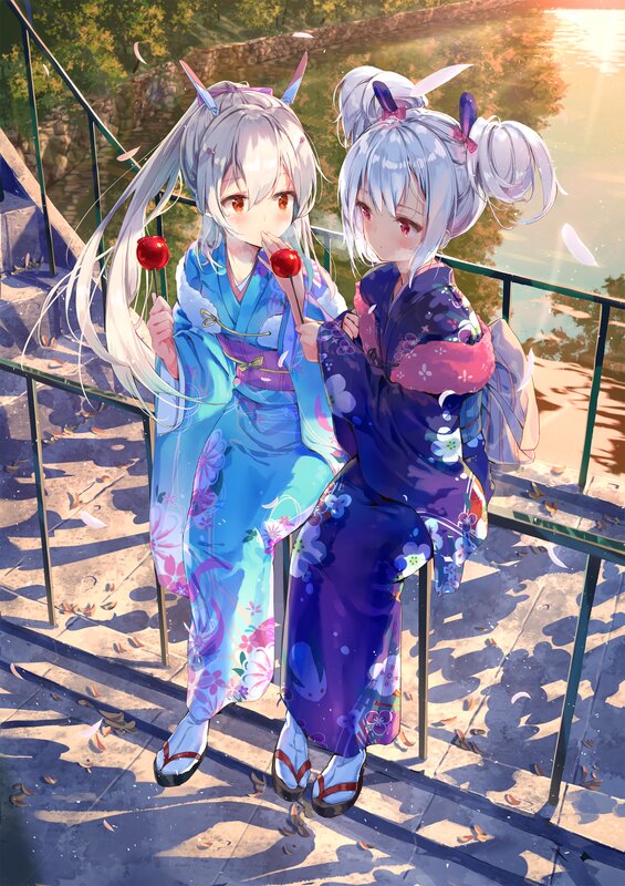 Two Girls in Kimonos — Blue, Serene, Sunset