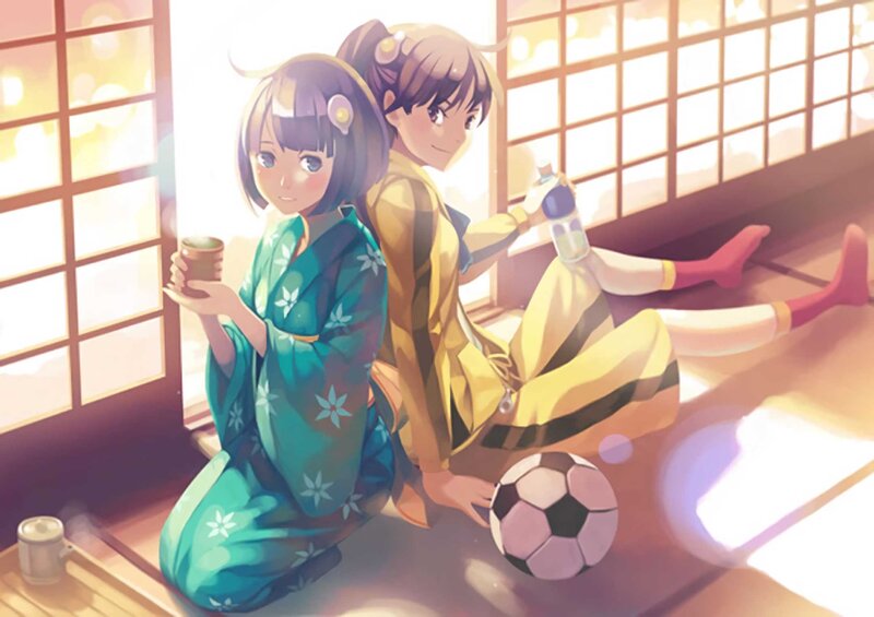 Two Girls in Kimonos — Green, Calm, Afternoon, Anime