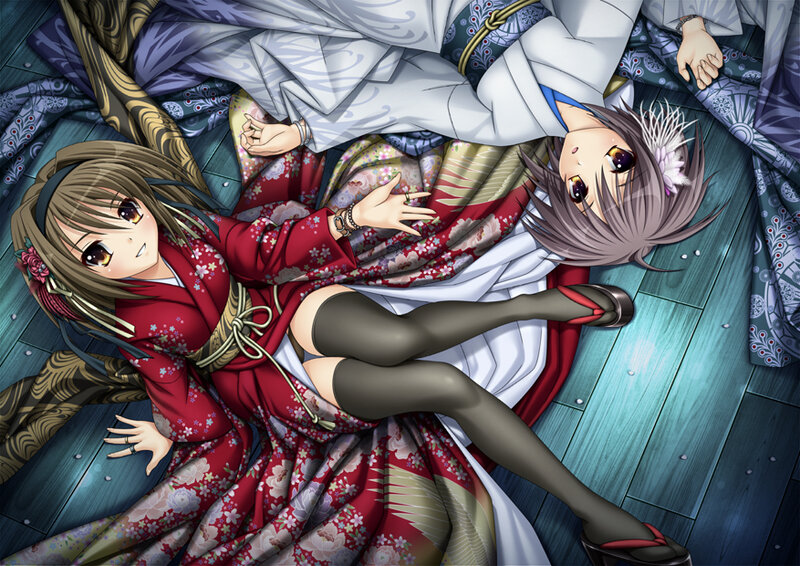 Two girls in kimonos on floor
