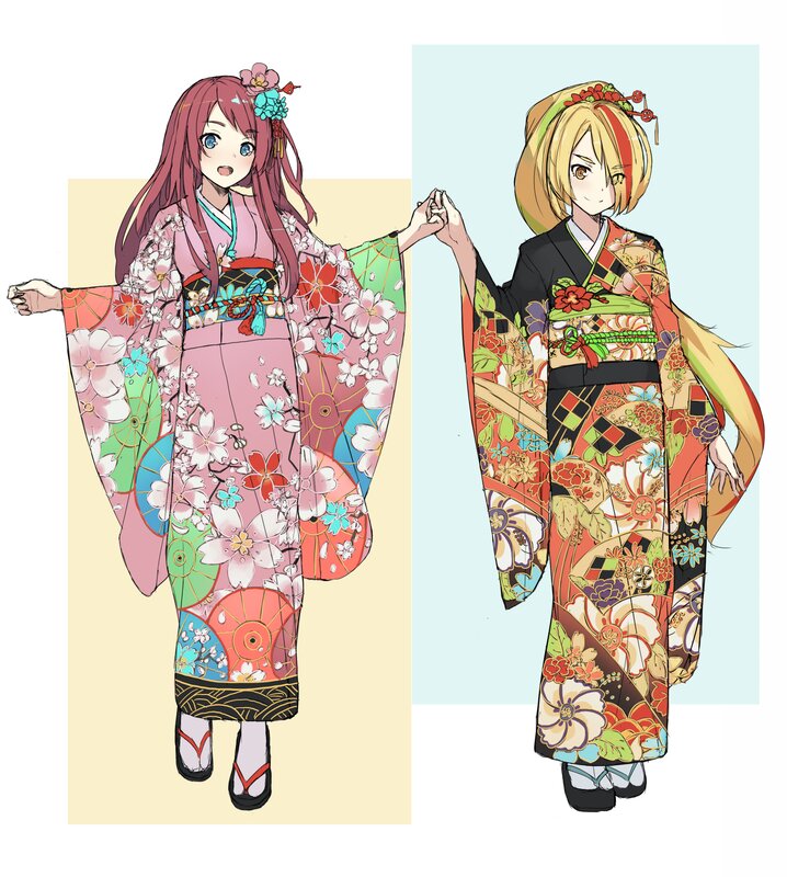 Two Girls in Kimonos — Pink, Calm, Anime, Flowers