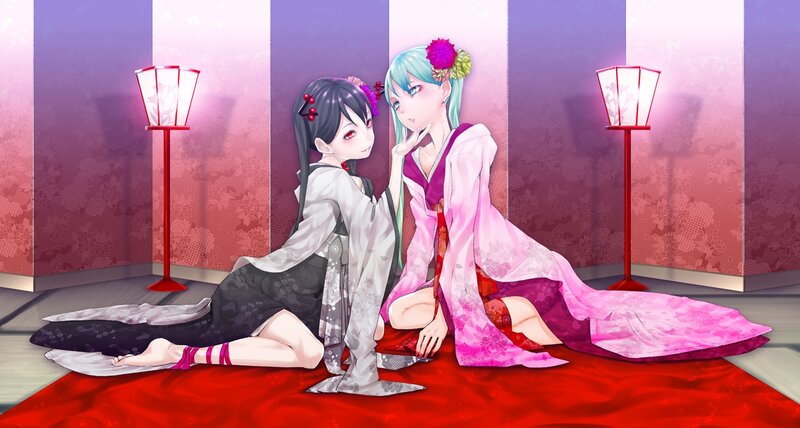 Two Girls in Kimonos — Pink, Calm, Anime, Kimono, Lanterns
