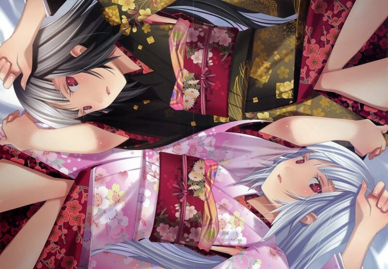 Two Girls in Kimonos — Pink, Calm, Anime