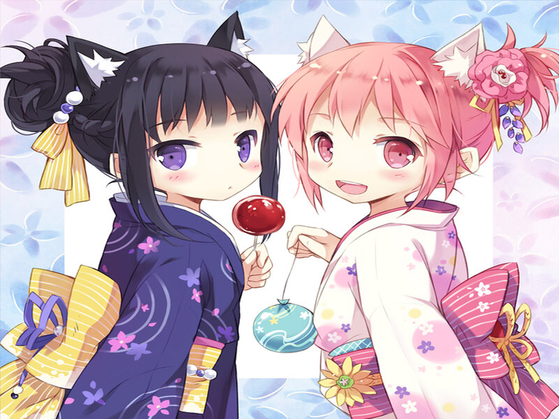 Two Girls in Kimonos — Pink, Cheerful, Anime, Cat Ears