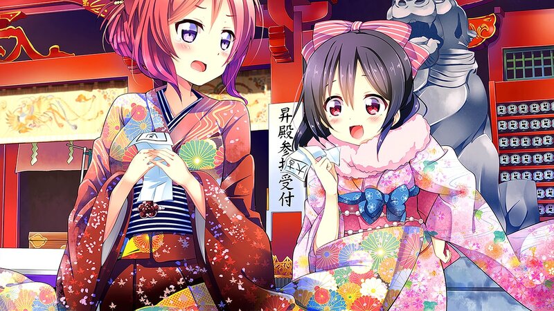 Two Girls in Kimonos — Pink, Cheerful, Anime, Kimono