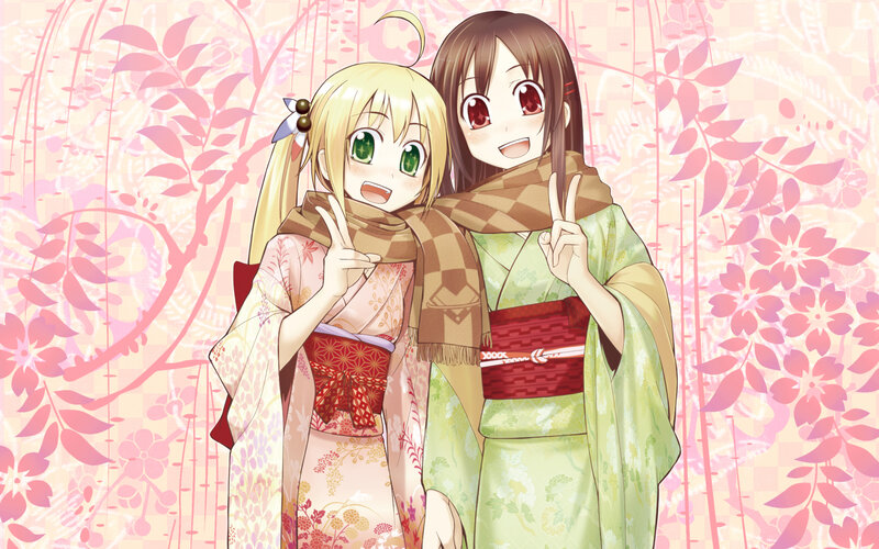 Two Girls in Kimonos — Pink, Cheerful, Spring, Anime, Kimono