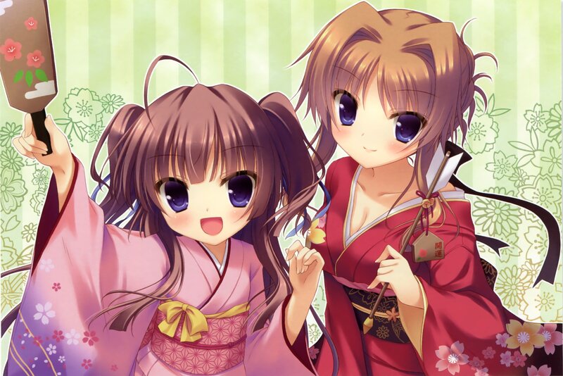 Two Girls in Kimonos — Pink, Cheerful, Spring, Anime
