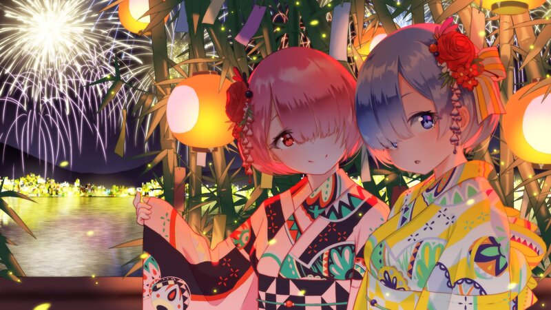 Two Girls in Kimonos — Pink, Festive, Night, Anime, Fireworks