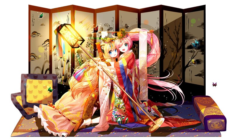 Two Girls in Kimonos — Pink, Festive, Night, Anime, Lantern