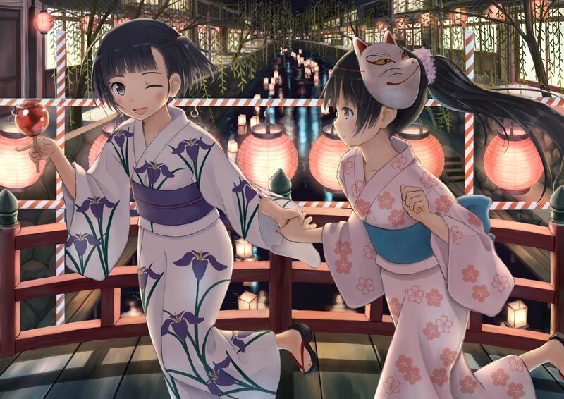 Two Girls in Kimonos — Pink, Festive, Night, Anime