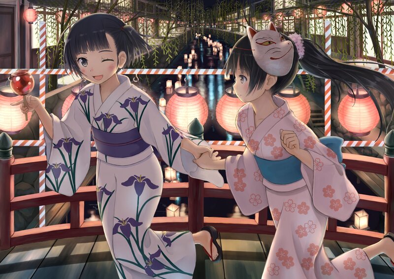 Two Girls in Kimonos — Pink, Festive, Night