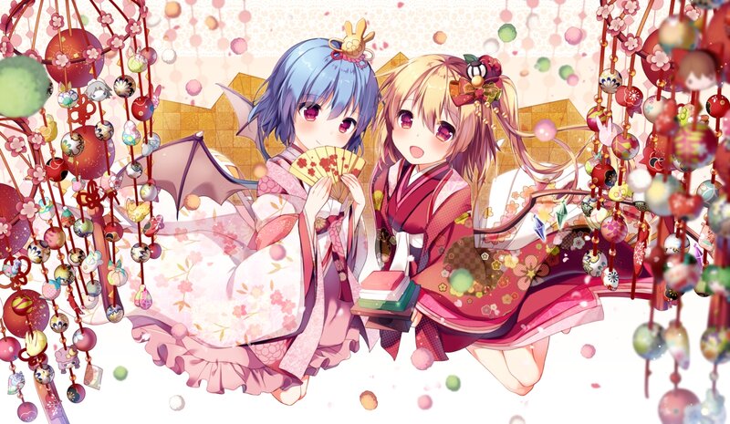 Two Girls in Kimonos — Pink, Festive, Spring, Anime, Fans