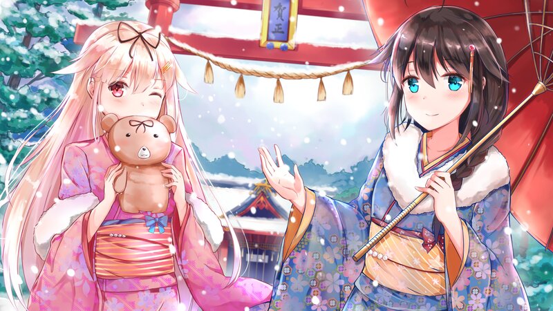 Two Girls in Kimonos — Pink, Peaceful, Winter