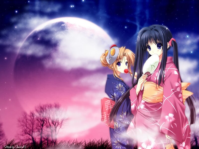 Two Girls in Kimonos — Pink, Serene, Night
