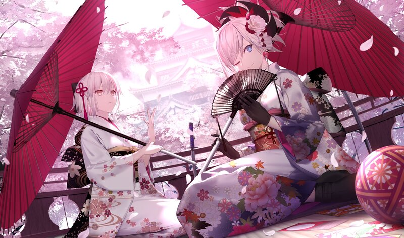 Two Girls in Kimonos — Pink, Serene, Spring, Anime, Cherry Blossoms, Umbrellas
