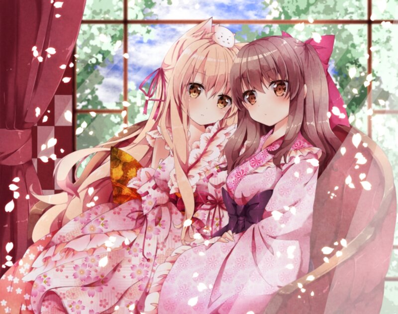 Two Girls in Kimonos — Pink, Serene, Spring, Anime, Cherry Blossoms, Window