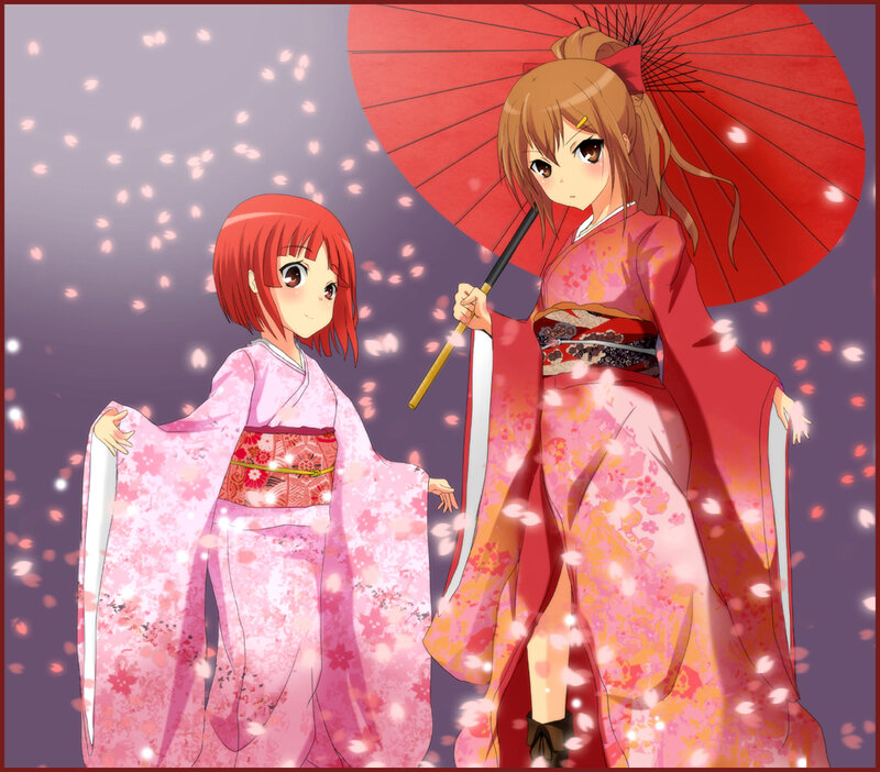 Two Girls in Kimonos — Pink, Serene, Spring, Anime, Kimono