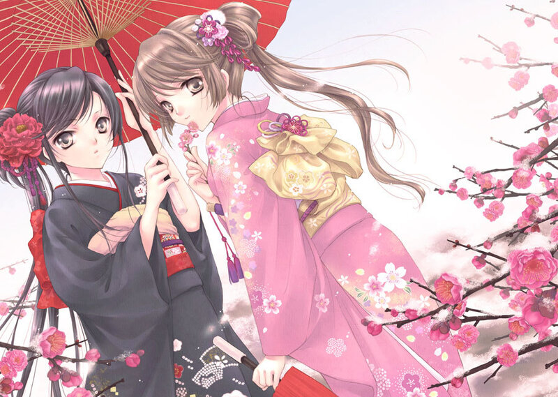 Two Girls in Kimonos — Pink, Serene