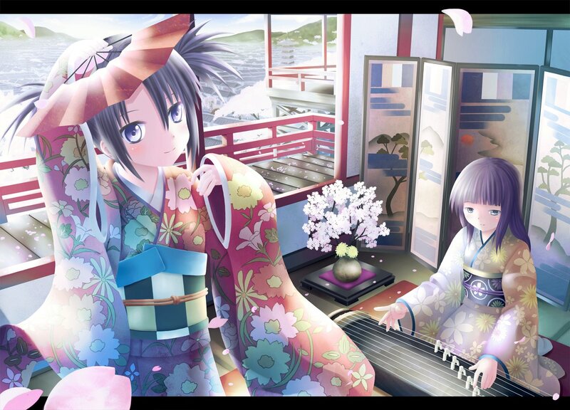 Two girls in kimonos playing music
