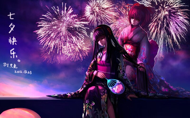 Two Girls in Kimonos — Purple, Celebratory