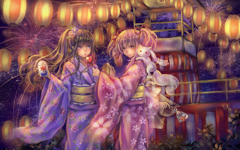 Two Girls in Kimonos — Purple, Festive, Night, Anime, Lanterns