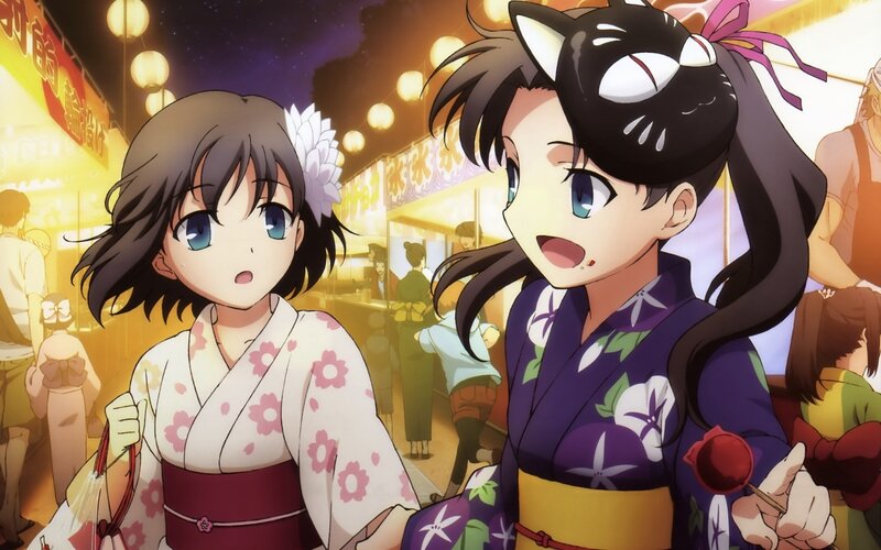Two Girls in Kimonos — Purple, Festive, Night, Anime