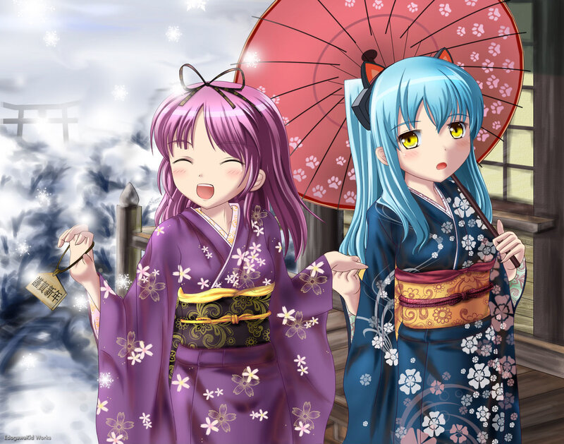 Two Girls in Kimonos — Purple, Festive