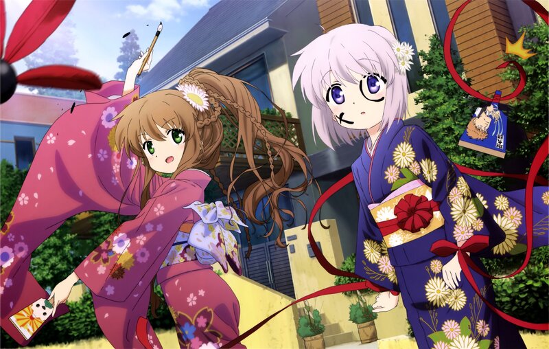 Two Girls in Kimonos — Purple, Playful