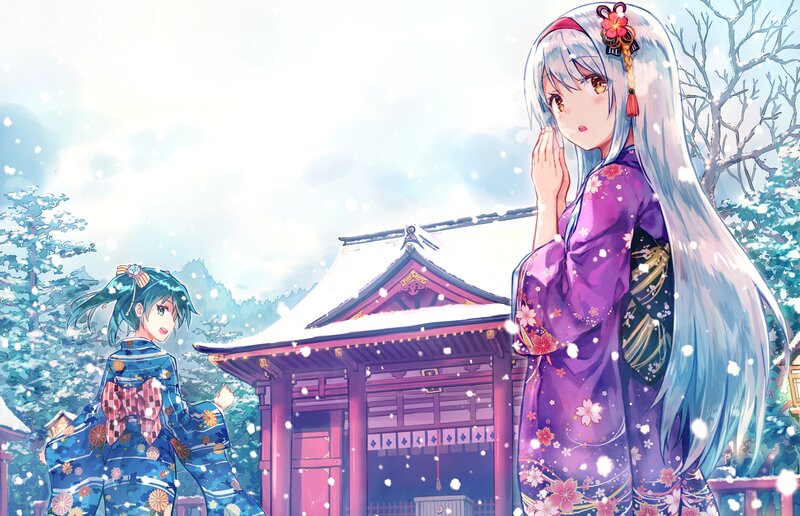Two Girls in Kimonos — Purple, Serene, Winter, Anime