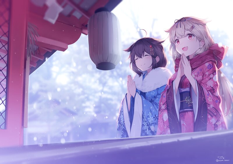 Two Girls in Kimonos — Purple, Serene, Winter, Digital Art