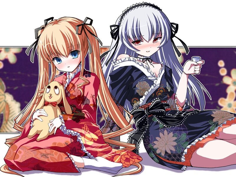 Two Girls in Kimonos — Red, Calm, Anime