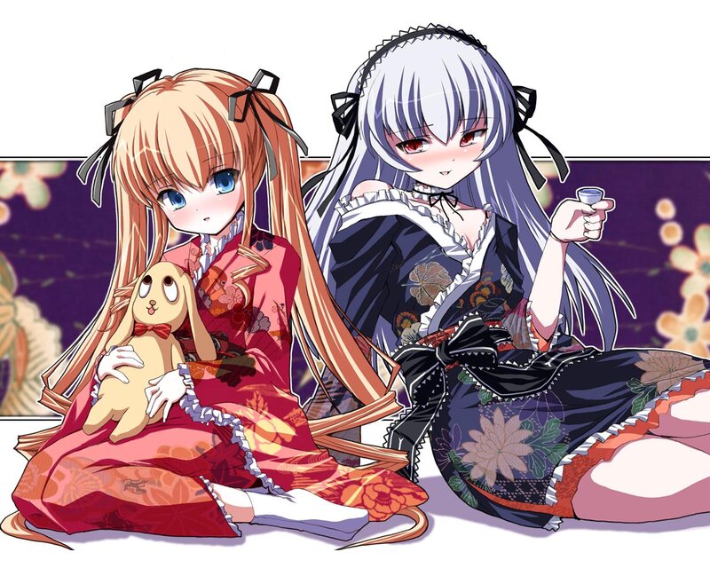 Two Girls in Kimonos — Red, Calm