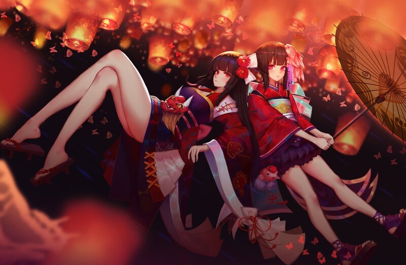Two Girls in Kimonos — Red, Dramatic, Night