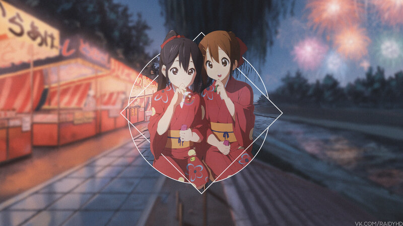 Two Girls in Kimonos — Red, Festive, Night, Anime, Fireworks